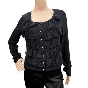 Studio Y Women Black Knitted Lace Ruffle Long Sleeves Button Front Cardigan M